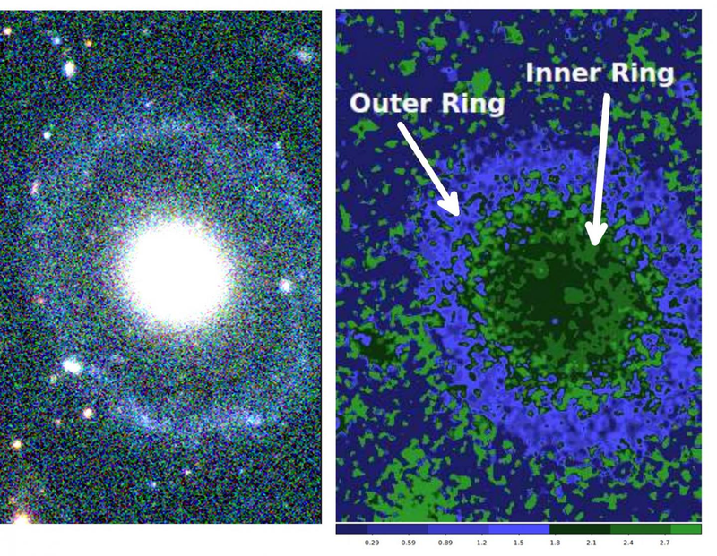 The left panel shows a false-color image of PGC 1000714. The right panel shows a bi-color index map that reveals both the outer ring (blue) and diffuse inner ring (light green). (Image: Ryan Beauchemin)